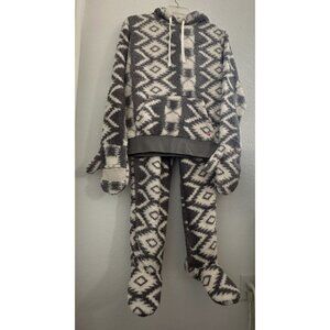 Feejays Hooded Pullover Pants Set Mens Medium Gray‎ White Fleece Mittens Footed